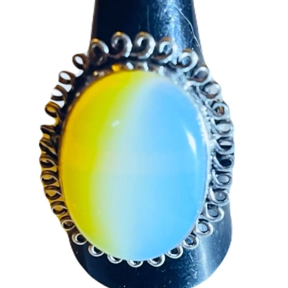 New 925 Sterling Silver Blue Yellow Triplet Opalite Artisten Oval Cut Ring